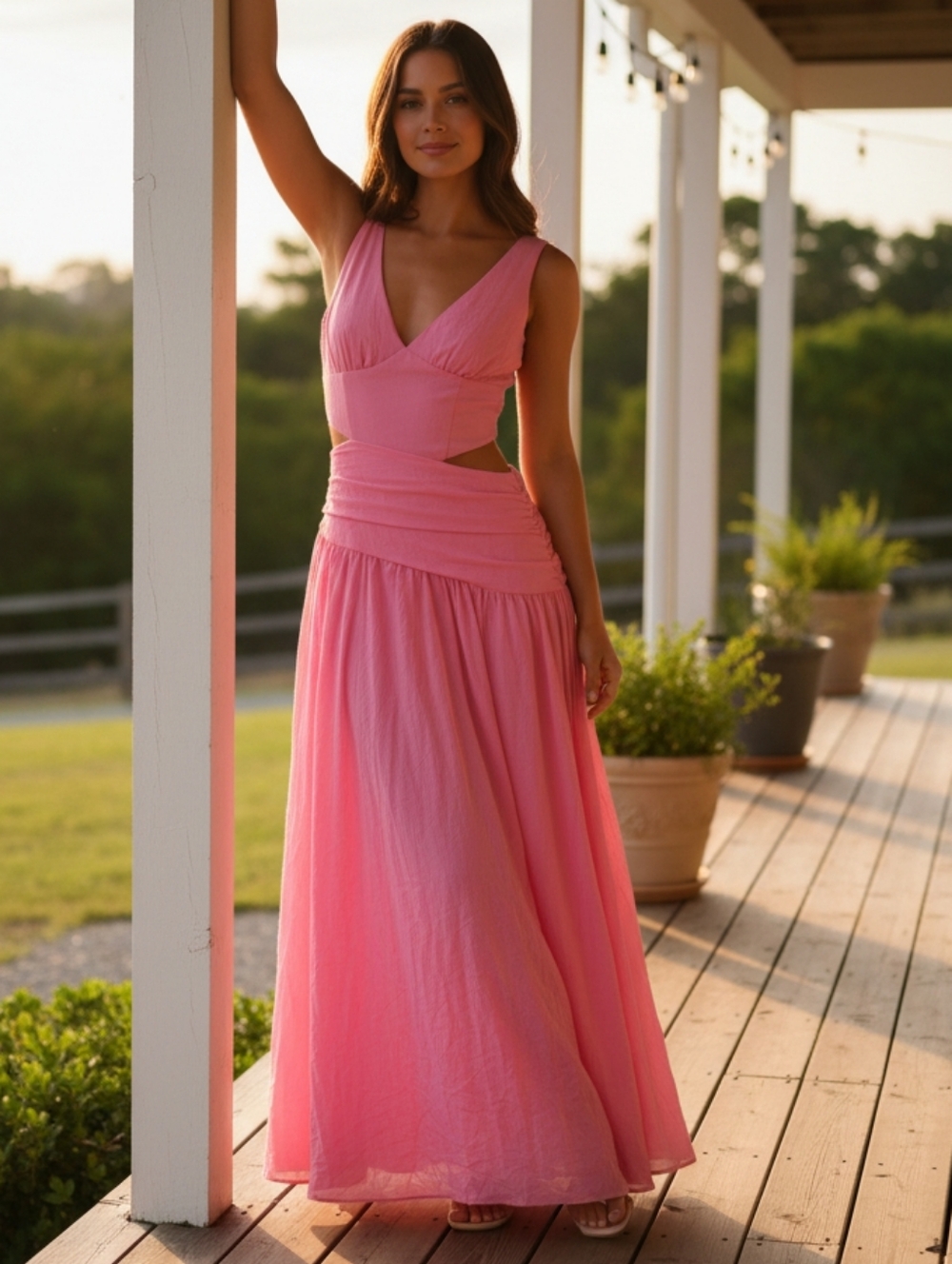 Ruched Cutout Pleated Side Cotton Blend V-Neck Sleeveless Flowing Maxi Dress